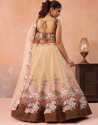 Brown- Net Sequins Embroidered Omber Brown Semi-Stitched Lehenga choli & Dupatta 4