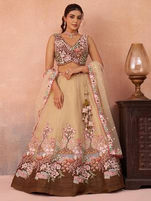 Brown- Net Sequins Embroidered Omber Brown Semi-Stitched Lehenga choli & Dupatta 1