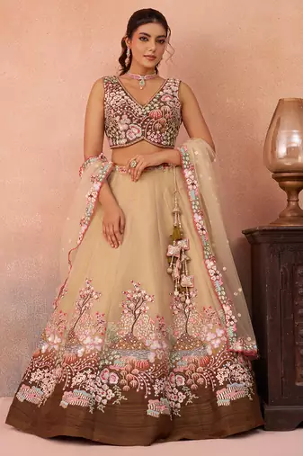 Brown- Net Sequins Embroidered Omber Brown Semi-Stitched Lehenga choli & Dupatta