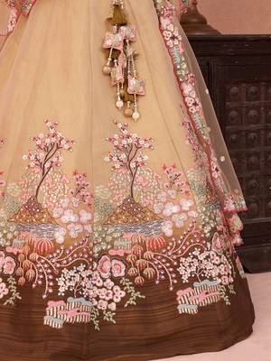 Brown- Net Sequins Embroidered Omber Brown Semi-Stitched Lehenga choli & Dupatta 5