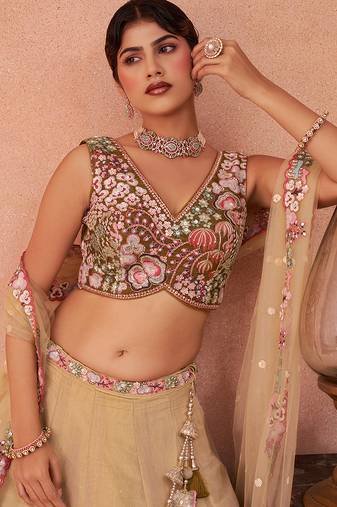 Olive- Net Sequins Embroidered Omber Olive Semi-Stitched Lehenga choli & Dupatta