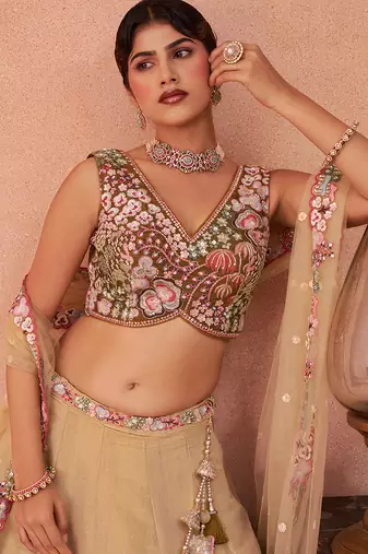 Olive- Net Sequins Embroidered Omber Olive Semi-Stitched Lehenga choli & Dupatta