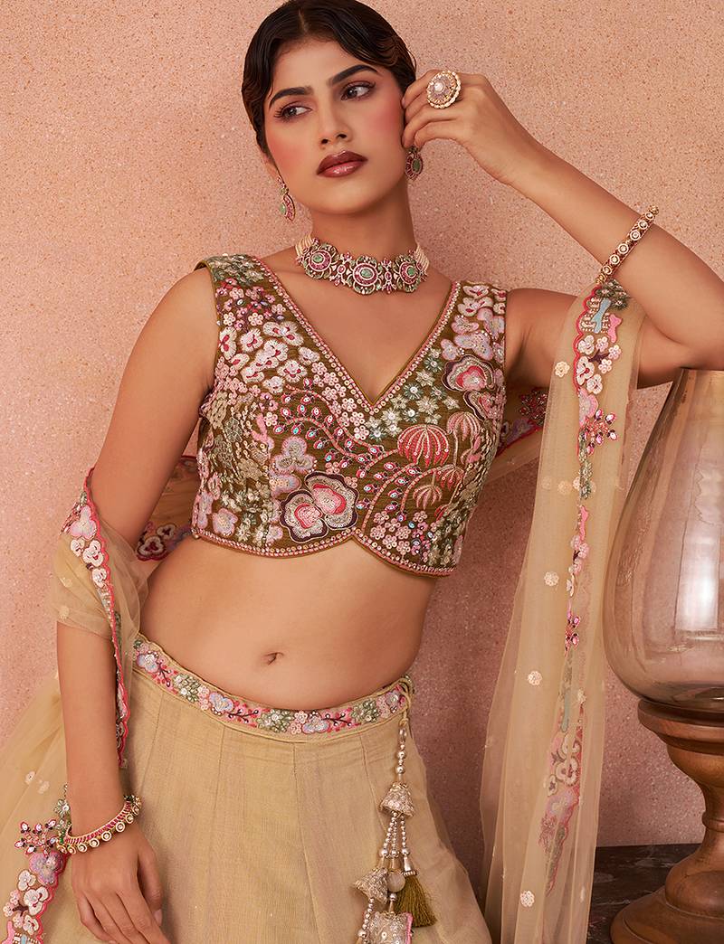 Olive- Net Sequins Embroidered Omber Olive Semi-Stitched Lehenga choli & Dupatta