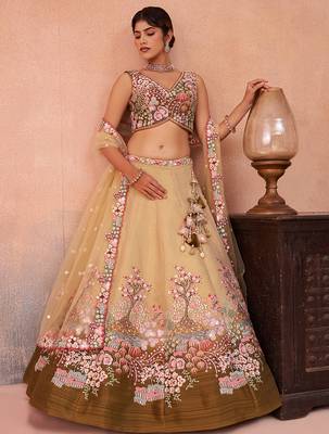 Olive- Net Sequins Embroidered Omber Olive Semi-Stitched Lehenga choli & Dupatta 1