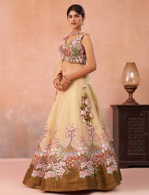 Olive- Net Sequins Embroidered Omber Olive Semi-Stitched Lehenga choli & Dupatta 3