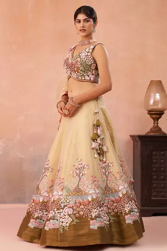 Olive- Net Sequins Embroidered Omber Olive Semi-Stitched Lehenga choli & Dupatta