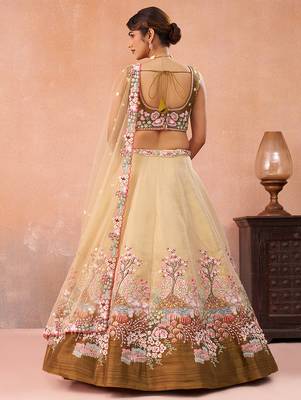 Olive- Net Sequins Embroidered Omber Olive Semi-Stitched Lehenga choli & Dupatta 4