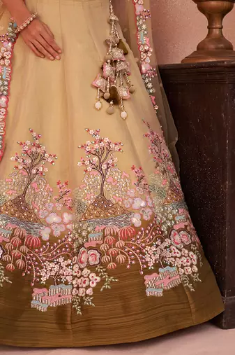Olive- Net Sequins Embroidered Omber Olive Semi-Stitched Lehenga choli & Dupatta