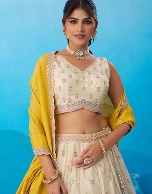 Cream- Tissue Sequins Embroidered Semi-Stitched Lehenga  & Unstitched Blouse With Dupatta 2