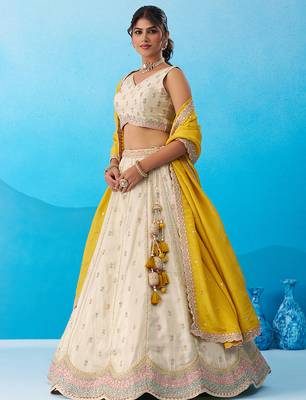 Cream- Tissue Sequins Embroidered Semi-Stitched Lehenga  & Unstitched Blouse With Dupatta 3