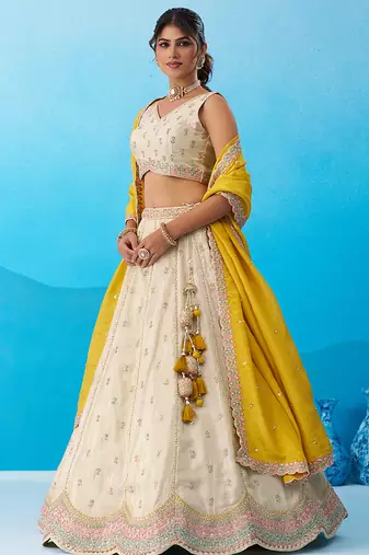 Cream- Tissue Sequins Embroidered Semi-Stitched Lehenga & Unstitched Blouse With Dupatta