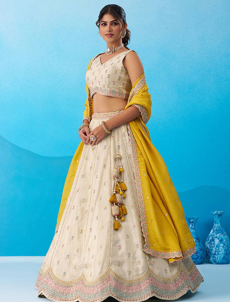 Cream- Tissue Sequins Embroidered Semi-Stitched Lehenga & Unstitched Blouse With Dupatta