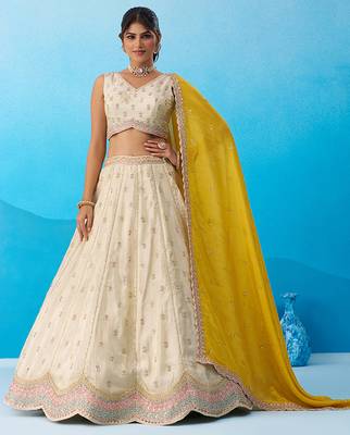 Cream- Tissue Sequins Embroidered Semi-Stitched Lehenga  & Unstitched Blouse With Dupatta 1