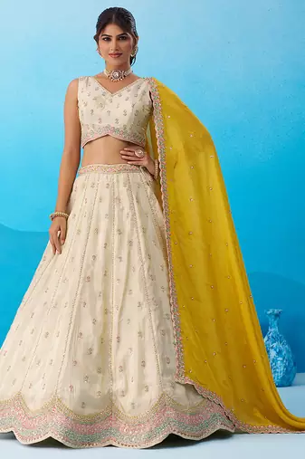 Cream- Tissue Sequins Embroidered Semi-Stitched Lehenga & Unstitched Blouse With Dupatta