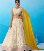 Cream- Tissue Sequins Embroidered Semi-Stitched Lehenga & Unstitched Blouse With Dupatta