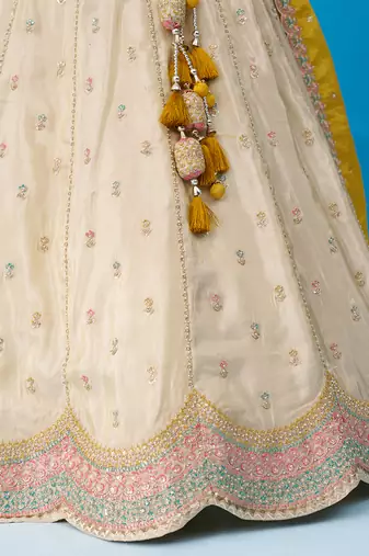 Cream- Tissue Sequins Embroidered Semi-Stitched Lehenga & Unstitched Blouse With Dupatta