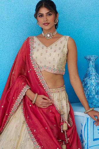 Cream- Tissue Sequins Embroidered Semi-Stitched Lehenga & Unstitched Blouse With Dupatta