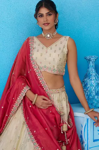 Cream- Tissue Sequins Embroidered Semi-Stitched Lehenga & Unstitched Blouse With Dupatta