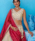 Cream- Tissue Sequins Embroidered Semi-Stitched Lehenga & Unstitched Blouse With Dupatta
