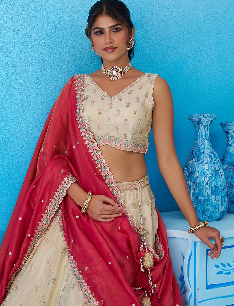 Cream- Tissue Sequins Embroidered Semi-Stitched Lehenga & Unstitched Blouse With Dupatta