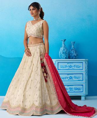 Cream- Tissue Sequins Embroidered Semi-Stitched Lehenga & Unstitched Blouse With Dupatta 3