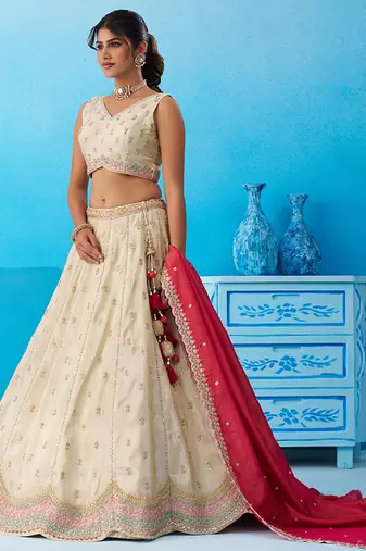 Cream- Tissue Sequins Embroidered Semi-Stitched Lehenga & Unstitched Blouse With Dupatta