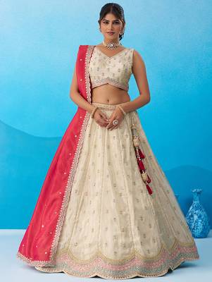 Cream- Tissue Sequins Embroidered Semi-Stitched Lehenga & Unstitched Blouse With Dupatta 1