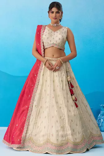 Cream- Tissue Sequins Embroidered Semi-Stitched Lehenga & Unstitched Blouse With Dupatta