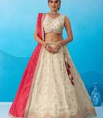 Cream- Tissue Sequins Embroidered Semi-Stitched Lehenga & Unstitched Blouse With Dupatta