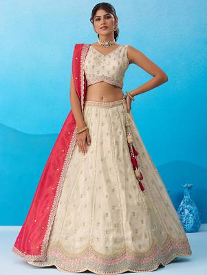 Cream- Tissue Sequins Embroidered Semi-Stitched Lehenga & Unstitched Blouse With Dupatta 4