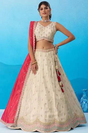 Cream- Tissue Sequins Embroidered Semi-Stitched Lehenga & Unstitched Blouse With Dupatta