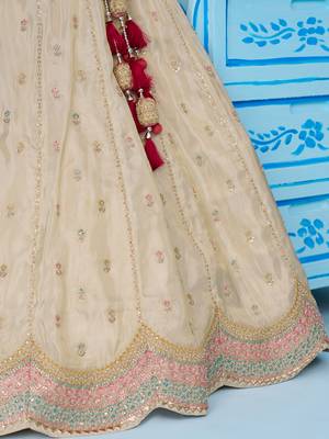 Cream- Tissue Sequins Embroidered Semi-Stitched Lehenga & Unstitched Blouse With Dupatta 5