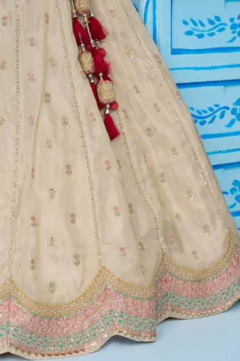 Cream- Tissue Sequins Embroidered Semi-Stitched Lehenga & Unstitched Blouse With Dupatta
