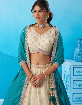 Cream- Tissue Sequins Embroidered Semi-Stitched Lehenga  & Unstitched Blouse With Dupatta 1
