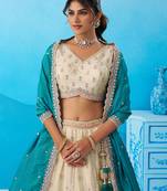 Cream- Tissue Sequins Embroidered Semi-Stitched Lehenga & Unstitched Blouse With Dupatta