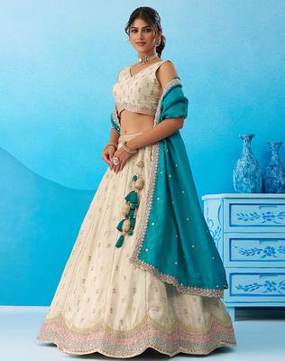 Cream- Tissue Sequins Embroidered Semi-Stitched Lehenga  & Unstitched Blouse With Dupatta 2