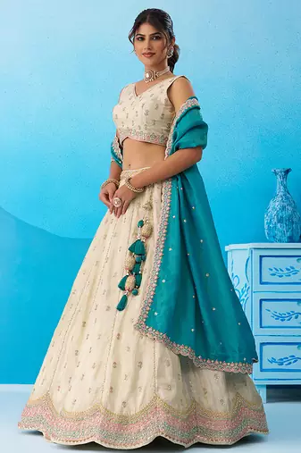 Cream- Tissue Sequins Embroidered Semi-Stitched Lehenga & Unstitched Blouse With Dupatta