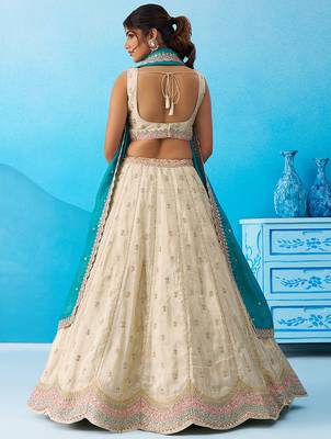 Cream- Tissue Sequins Embroidered Semi-Stitched Lehenga  & Unstitched Blouse With Dupatta 3