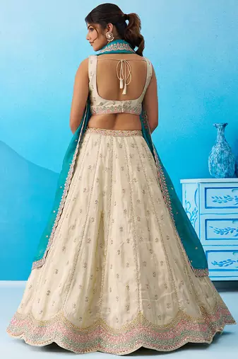 Cream- Tissue Sequins Embroidered Semi-Stitched Lehenga & Unstitched Blouse With Dupatta