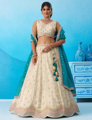 Cream- Tissue Sequins Embroidered Semi-Stitched Lehenga  & Unstitched Blouse With Dupatta 4