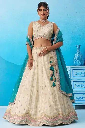 Cream- Tissue Sequins Embroidered Semi-Stitched Lehenga & Unstitched Blouse With Dupatta
