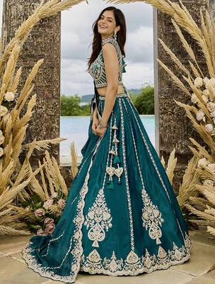 Green- Silk Fabric Beads & Sequined Embroidery Semi-Sttiched Lehenga Choli & Dupatta 1