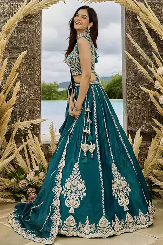 Green- Silk Fabric Beads & Sequined Embroidery Semi-Sttiched Lehenga Choli & Dupatta