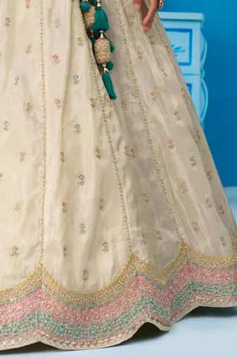 Cream- Tissue Sequins Embroidered Semi-Stitched Lehenga & Unstitched Blouse With Dupatta