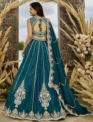 Green- Silk Fabric Beads & Sequined Embroidery Semi-Sttiched Lehenga Choli & Dupatta 2