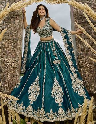 Green- Silk Fabric Beads & Sequined Embroidery Semi-Sttiched Lehenga Choli & Dupatta 4