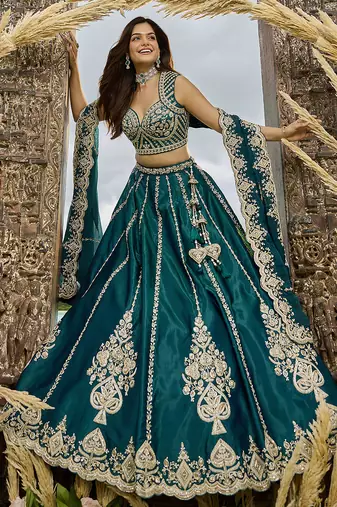 Green- Silk Fabric Beads & Sequined Embroidery Semi-Sttiched Lehenga Choli & Dupatta