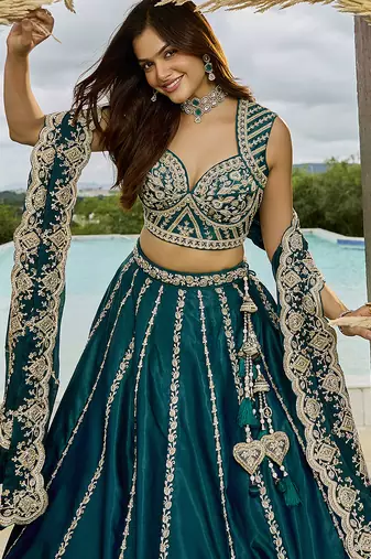 Green- Silk Fabric Beads & Sequined Embroidery Semi-Sttiched Lehenga Choli & Dupatta