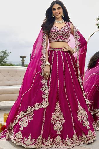 Pink- Silk Fabric Beads & Sequined Embroidery Semi-Sttiched Lehenga Choli & Dupatta
