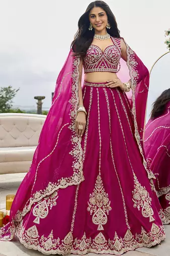 Pink- Silk Fabric Beads & Sequined Embroidery Semi-Sttiched Lehenga Choli & Dupatta